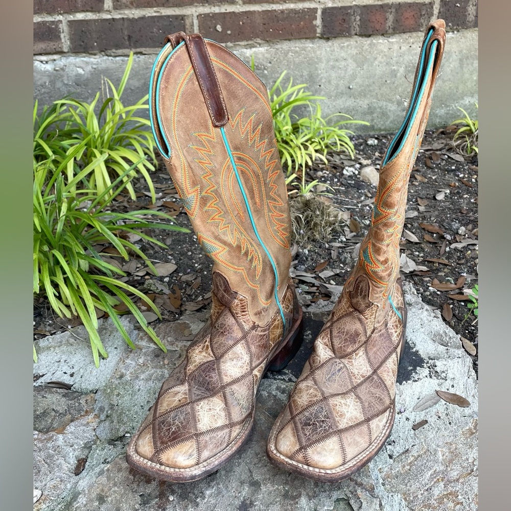 Anderson Bean Women’s Horse Power Crazy Train Brown Patchwork Square Toed Boots